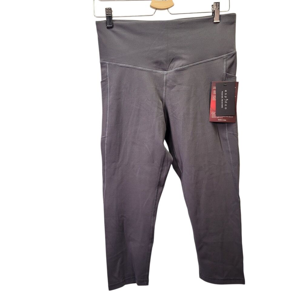 Espidoo Women High-Waist Capri Legging Athletic Yoga Gray with Pockets Large